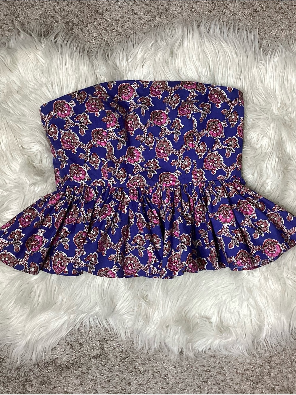 J. Crew Collection Strapless Peplum Crop Top in Blue Blooms Sz 4